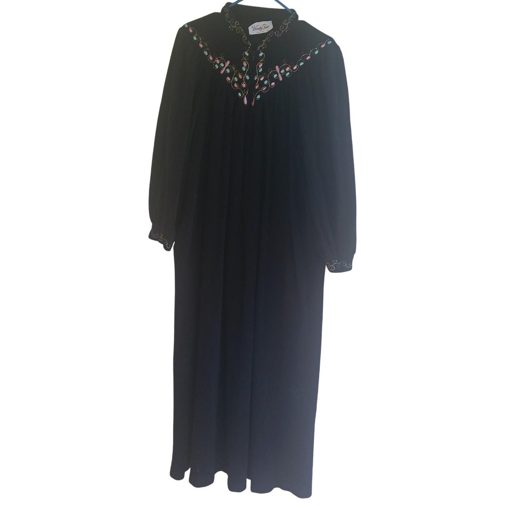 VTG Vanity Fair Zip Front Maxi Dress XL Embroidered Lounge READ Loungewear Retro